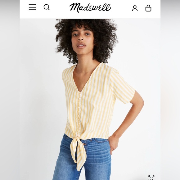 Madewell Agency Tie-Front Button Top in Pompano Stripe. Size Large Yellow White - Picture 1 of 9